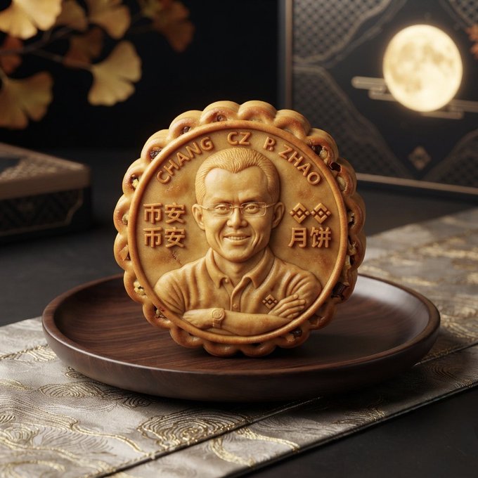 A traditional mooncake decorated with a portrait of a smiling man wearing glasses, with Chinese characters including 'CHANG CZ P. ZHAO' and '月饼' inscribed around the design, displayed against a night sky with a full moon.