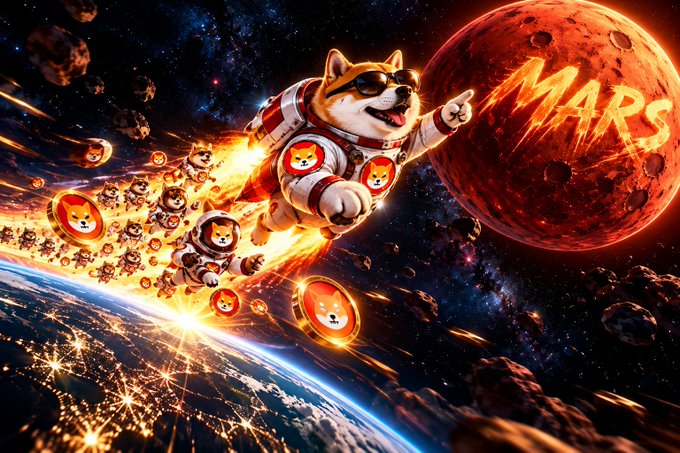 A playful space-themed illustration featuring an animated Shiba Inu dog in an astronaut suit flying toward Mars, with the word 'MARS' displayed on the red planet, alongside smaller Shiba coin characters.