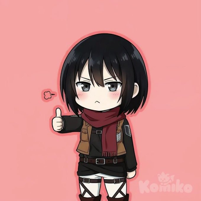 Chibi-style anime character illustration with short black hair, wearing a brown jacket and red scarf, giving a thumbs-up against a pink background, branded with 'Komiko' watermark.