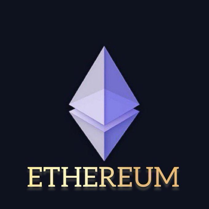 The Ethereum logo, featuring a geometric diamond-shaped symbol in silver and purple, above the word 'ETHEREUM' in gold letters on a dark background.