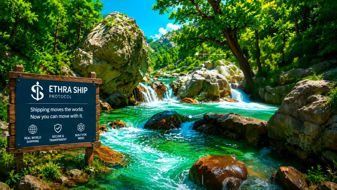The image shows a vibrant woodland stream with cascading waterfalls and a wooden sign reading "ETHRA SHIP PROTOCOL" promoting that "Shipping moves the world. Now you can move with it," alongside icons for real-world shipping, secure transport, and Web3. The natural flowing water symbolizes how EthraShip is opening up the traditionally distant maritime industry, turning the steady current of global shipping into an accessible, onchain opportunity for anyone to participate in.