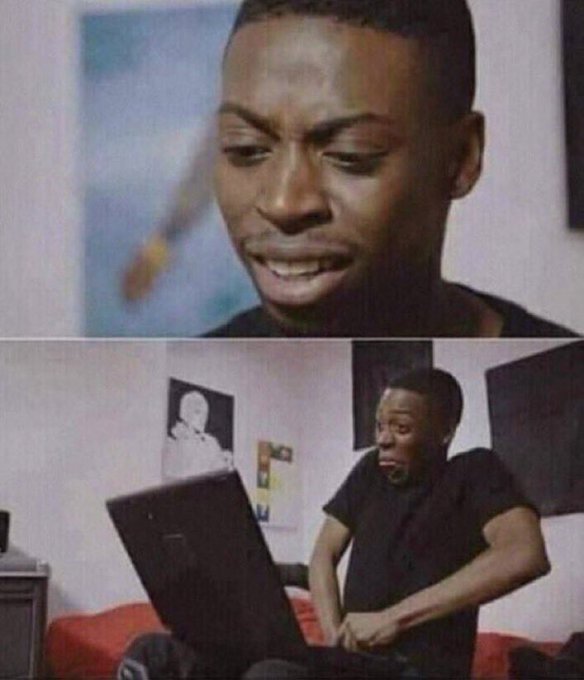 The image is a two-panel meme: the top shows a close-up of a man with an excited, wide-eyed expression, while the bottom depicts the same man sitting at a laptop with a shocked, fearful face. The "$DRB" caption ties into the meme's theme of emotional investment, humorously portraying the volatile mix of hope and dread a trader feels when watching a stock's price movement.
