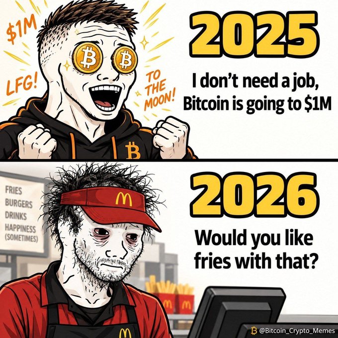 A two-panel Bitcoin meme: the 2025 panel shows an excited man with Bitcoin eyes saying "I don't need a job, Bitcoin is going to $1M TO THE MOON!", while the 2026 panel shows the same man working at McDonald's asking "Would you like fries with that?" - credited to @Bitcoin_Crypto_Memes.