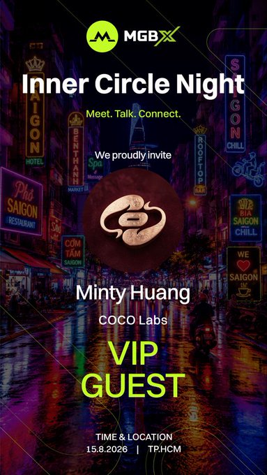 An 'Inner Circle Night' VIP invitation for Minty Huang from COCO Labs, hosted by MGB, featuring a stylized neon-lit Saigon street scene with event date 15.8.2026.