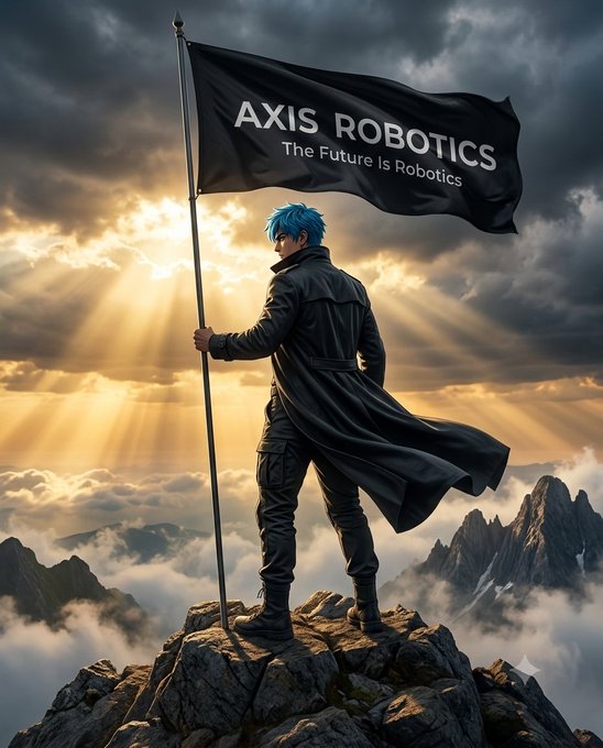 An anime-style illustration of a blue-haired figure in a dark coat holding a black flag reading 'AXIS ROBOTICS - The Future Is Robotics' atop a rocky mountain peak under dramatic sunlight.