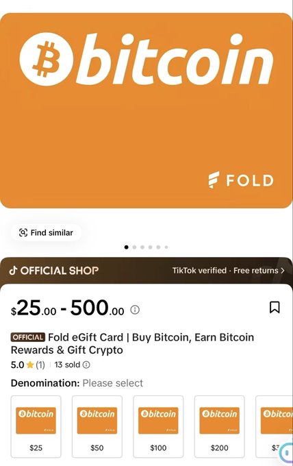 A Fold eGift Card product listing on TikTok Shop showing a Bitcoin-branded orange card with denominations available from $25 to $500, priced $25.00–$500.00 with a 5.0 rating (1 review), supporting the post about Bitcoin gift cards now being purchasable through TikTok Shop via the Fold platform.