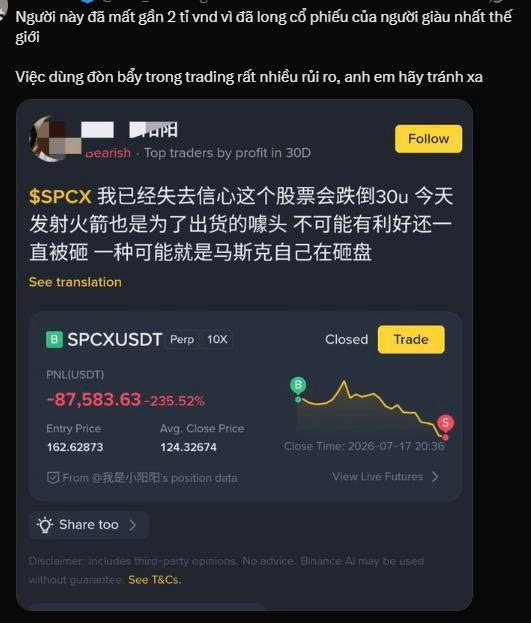 The image shows a social media post highlighting a trader's catastrophic loss of **-87,583.63 USDT (-235.52%)** on a **10x leveraged SPCXUSDT.PERP** position, with an entry price of 162.62873 and close price of 124.32674 on July 17, 2026. The Vietnamese caption warns how a single mistimed long trade with leverage can wipe out massive capital, reinforcing the post's message that leverage amplifies both gains and risks.