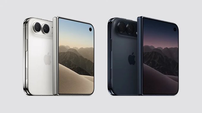 Product shot of two foldable smartphones displayed side by side — one silver/white and one dark blue — both featuring dual rear cameras and Apple logos.