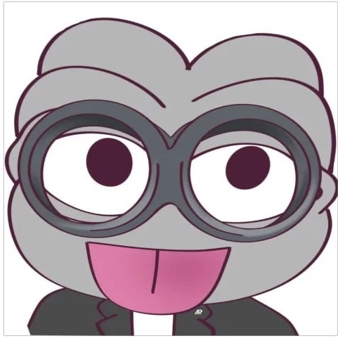 A cartoon character with grey skin, heart-shaped hair, large round glasses, and a wide smile, wearing a black suit.