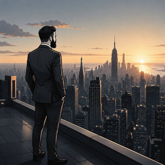 An illustrated man in a dark suit stands on a rooftop overlooking a city skyline at sunset, gazing toward the sun on the horizon.