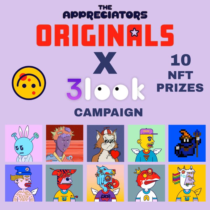 The image features a poster for an appreciation campaign called "3look @ Appreciators Originals X", which is a competition among artists, designers, and creators of digital art. The poster includes various illustrations of different characters from the campaign, such as a blue bird, a pink bunny, and a yellow fish. The text on the poster announces that there are 10 prizes available for the "3look @ Appreciators Originals X" campaign, with mint details being one of them.