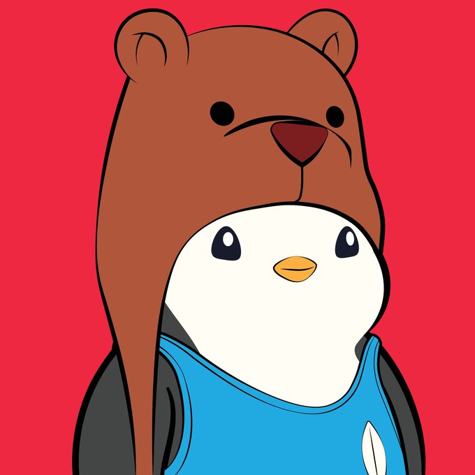 Illustration on a red background of a brown bear wearing a bear costume hood over a penguin character dressed in a blue and black outfit.