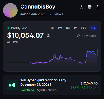 A Polymarket profile for 'CannabisBoy' showing all-time profit/loss of $10,054.07, with a winning position on 'Will Hyperliquid reach $100 by December 31, 2026?' showing $9,955.71 profit (+304.68%).