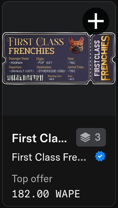 A digital ticket design for 'First Class Frenchies' featuring a Shiba Inu dog, displayed alongside a marketplace listing showing 'First Cla...', 'First Class Fre...', and 'Top offer 182.00 WAPE'.