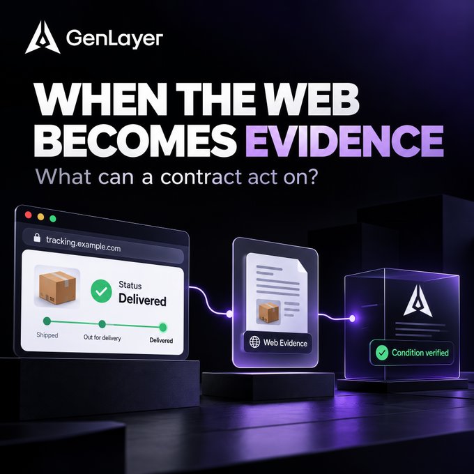 A promotional image for GenLayer featuring the tagline 'WHEN THE WEB BECOMES EVIDENCE - What can a contract act on?'. It illustrates a workflow showing a package tracking status connecting to a 'Web Evidence' document and verifying a 'Condition' with the GenLayer logo.