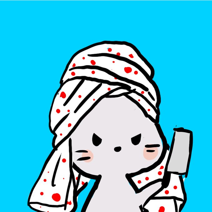 A cartoon illustration features a white cat-like character with a grumpy expression wearing a white and red polka dot towel turban, holding a razor against a bright blue background.