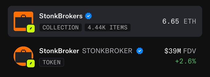 The image shows the "StonkBrokers" NFT collection with 4.44K items and a floor price of 6.65 ETH, alongside the "StonkBroker" token with a $39M FDV and +2.6% change. This visually represents the "Winner token Winner NFT" mentioned in the accompanying post, highlighting "StonkBroker" (likely referring to the token) as performing better than "Tempo" (not shown).