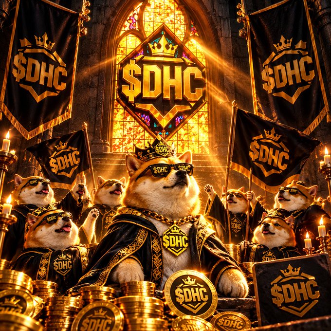 A digitally created image showing Shiba Inu dogs wearing sunglasses and gold chains, gathered in a cathedral-like setting with stained glass, holding banners and surrounded by gold coins, all prominently featuring the '$DHC' cryptocurrency logo with crowns.