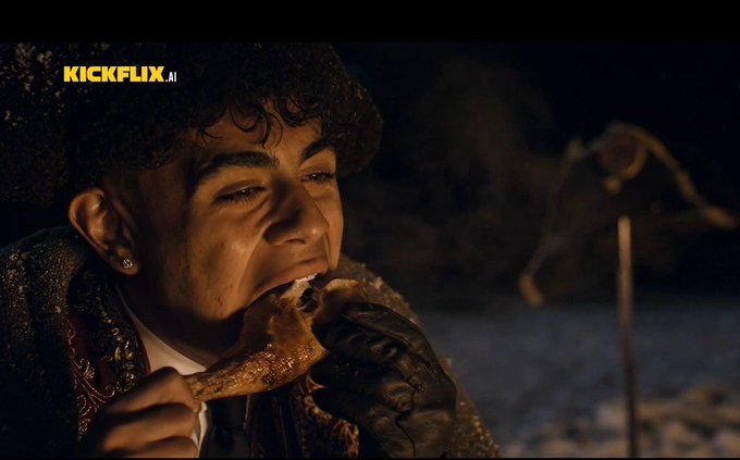 A cinematic still showing a young boy in vintage winter clothing and a fur hat eating a piece of meat outdoors in a snowy setting, with 'KICKFLIX.AI' watermark.