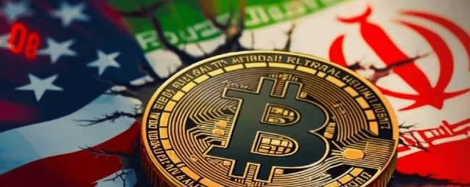 A gold Bitcoin coin resting against a backdrop featuring the American and Iranian flags, with stock ticker numbers partially visible.