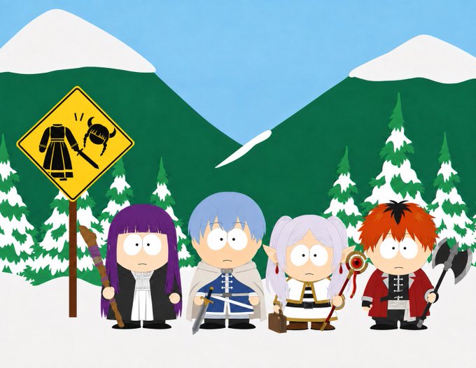 A South Park-style parody illustration showing four anime-inspired characters dressed in fantasy RPG gear, standing in the snow next to a warning sign with their silhouettes.