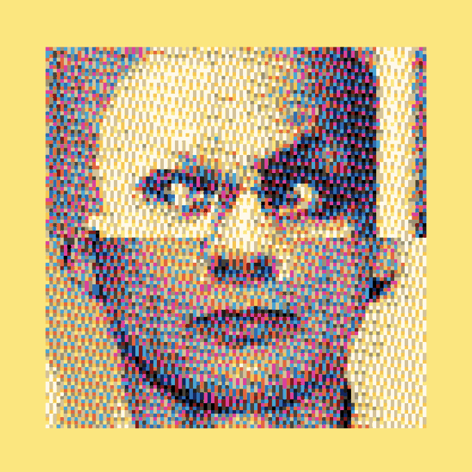 A pixelated, mosaic-style portrait of a person rendered in small colored squares against a yellow background, evoking the appearance of an NFT artwork. The image relates to the post as a celebratory NFT piece, likely from the "k1llers" collection, gifted to @mrc_arte for being the 304th mint.