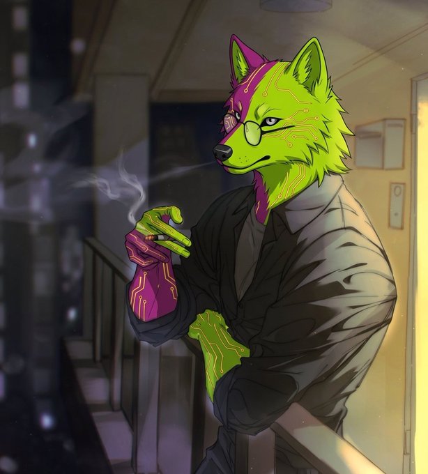A digital illustration of an anthropomorphic green and purple wolf/fox-like character with cybernetic markings, wearing a dark jacket and holding a cigarette in a stairwell setting.