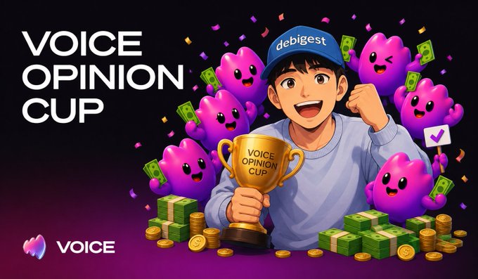 An anime-style illustration of a smiling man holding a 'Voice Opinion Cup' trophy, surrounded by pink blob characters holding money, with the text 'VOICE OPINION CUP' and a 'debigest' cap.