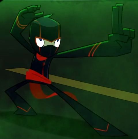 A cartoon ninja character in a black and red outfit strikes a martial arts pose, holding a sword and flashing a peace sign with one hand against a green background.