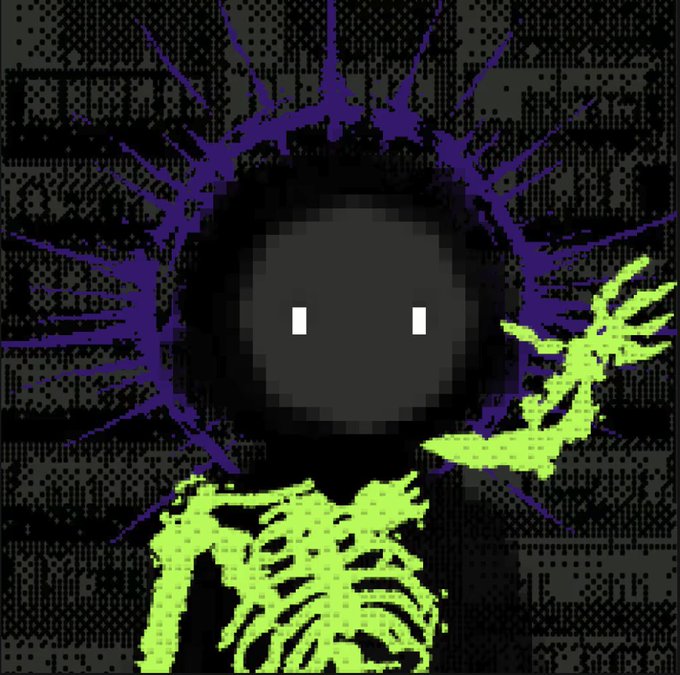 A dark pixel art image of a shadowy figure with glowing white eyes and a neon green skeletal body, with a green hand reaching out against a purple lightning-burst background.