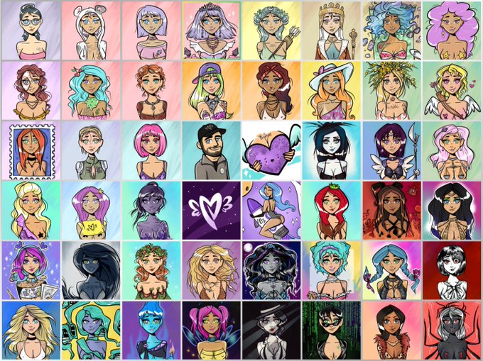 A grid of 48 colorful, illustrated female NFT character portraits from the MetaVixens collection, displayed in a 6x8 layout showcasing diverse hairstyles, outfits, and fantasy themes. The image visually represents the MetaVixensNFT project's successful launch and expansion to Ethereum blockchain, celebrating the triumph of their female-led community over skeptics.