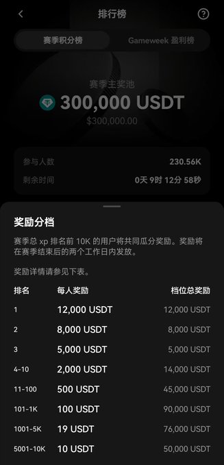 A Chinese-language mobile app leaderboard screen showing a 300,000 USDT prize pool with 230.56K participants and a countdown of 0 days 9 hours 12 minutes 58 seconds, along with reward tiers ranging from 12,000 USDT for 1st place down to 10 USDT for ranks 5001-10K.
