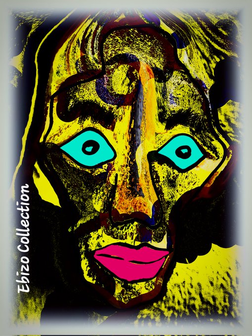 A vibrant pop-art style portrait with bold yellow and black brushstrokes, featuring striking turquoise eyes and pink lips, labeled 'Ebizo Collection.'