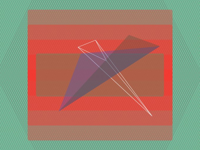 An abstract geometric artwork featuring translucent purple and pink triangular shapes layered over a red rectangle and brown border on a teal background, reflecting the early experimental nature of Art Blocks' Genesis Project and its algorithmic approach to generative on-chain art.