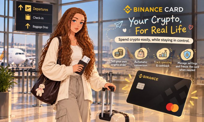 Advertisement for Binance Card featuring an illustrated woman with luggage at an airport, with text 'Your Crypto, For Real Life' and details about spending crypto easily.