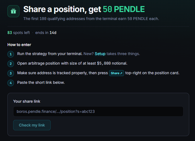 A promotional screen reads 'Share a position, get 50 PENDLE' with instructions for entering the contest, showing 83 spots left and ending in 14 days.