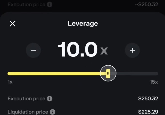 A cryptocurrency trading interface shows a leverage setting of 10.0x with an execution price of $250.32 and liquidation price of $225.29.
