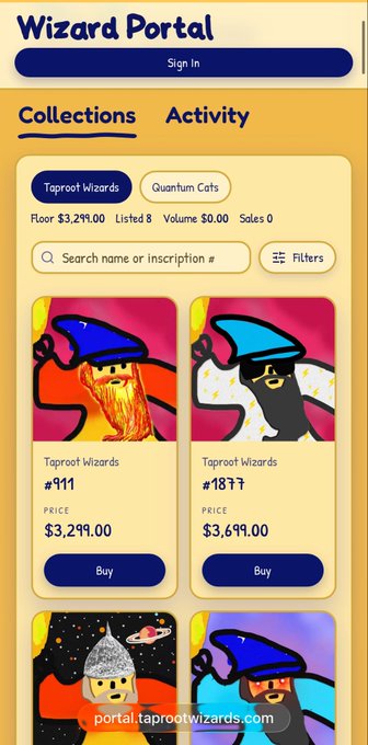 The image shows a cell phone screen displaying a collection of images featuring cartoon characters with different types of hats, including a blue top hat. The screen also has information about a marketplace for selling these items, which is named "Wizard Portal".