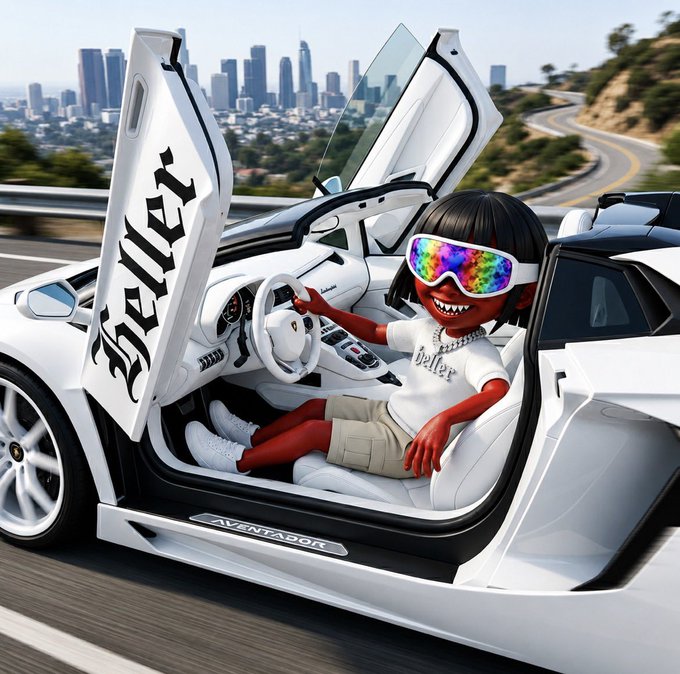 A stylized 3D-rendered character wearing colorful gradient sunglasses and a "Baller" shirt sits in a white Lamborghini Aventador with scissor doors open, which features "Baller" graffiti on the door and "AVENTADOR" text on the side skirt. The image's luxurious, high-energy aesthetic aligns with a "GM" (Good Morning) post, projecting a flashy, confident crypto/DeFi vibe.