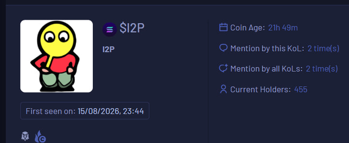 A cryptocurrency coin profile for 'I2P' displaying a yellow smiley face character, a coin age of 21h 49m, 455 current holders, and first seen on 15/08/2026.