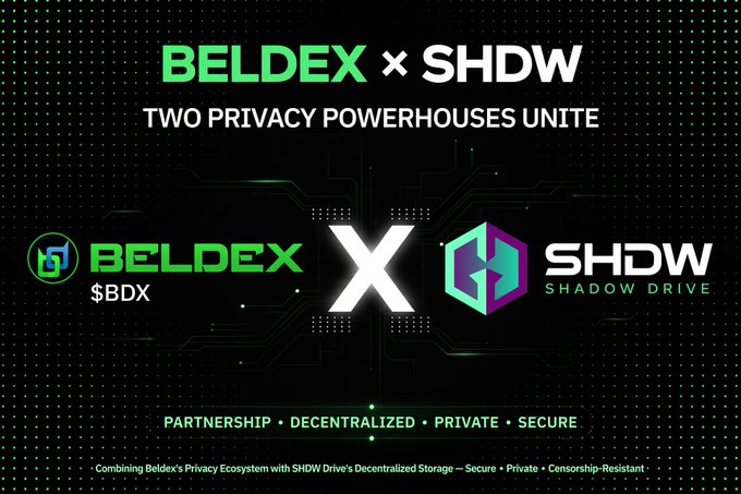 The image is a partnership announcement graphic between BELDEX ($BDX) and SHDW (Shadow Drive), featuring the bold text "BELDEX × SHDW" and the tagline "TWO PRIVACY POWERHOUSES UNITE," with additional text emphasizing "PARTNERSHIP • DECENTRALIZED • PRIVATE • SECURE."

The graphic relates to the post by highlighting Beldex's broader privacy ecosystem expansion, complementing the roadmap discussion by showcasing a concrete collaboration with Shadow Drive that aligns with Beldex's commitment to decentralized, private infrastructure.
