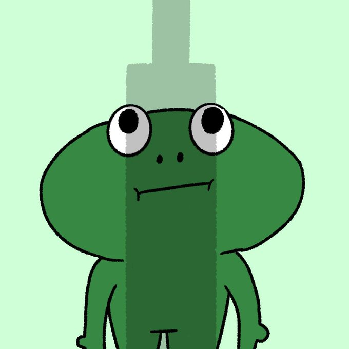 A cartoon illustration of a green frog-like character with large round eyes and a small frown on a light green background.