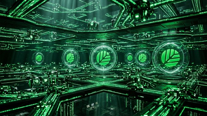 A futuristic, sci-fi digital artwork featuring a symmetrical metallic interior with glowing green circuitry and circular green emblems displaying the Uniswap (UNI) logo.