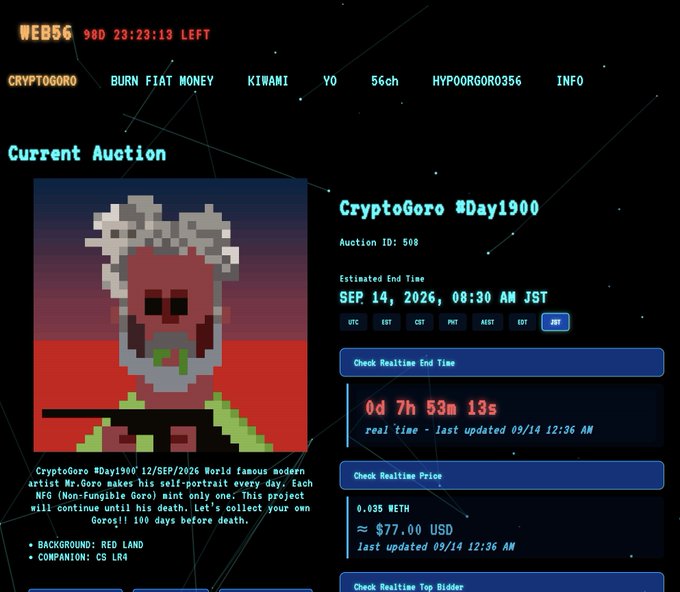 A screenshot of a CryptoGoro NFT auction website showing "Auction 508" for "CryptoGoro #Day1900" ending on "SEP. 14, 2026, 08:30 AM JST" with a countdown of "0d 7h 53m 13s" remaining, a current bid of "0.035 WETH" (~$77.00 USD), and the pixel-art gorilla NFT displayed against a red background. The countdown timer in the image directly supports the post's urgency warning, confirming the auction ends in approximately 7 hours.