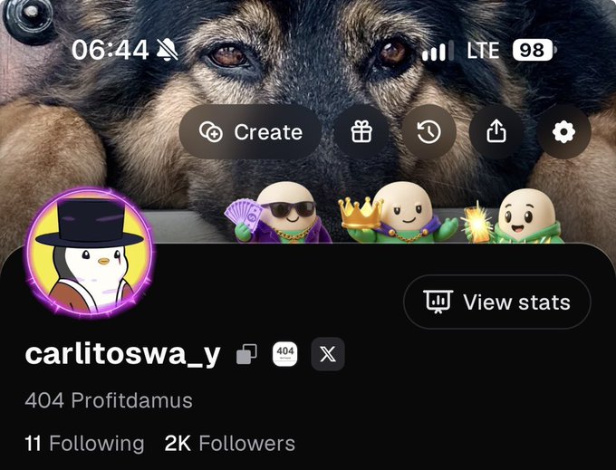 A mobile app profile screen for user "carlitoswa_y" (404 Profitdamus) with 11 Following and 2K Followers, featuring a penguin avatar and cute character emojis.