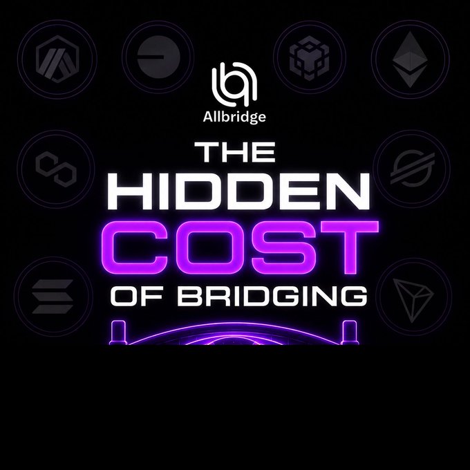 A promotional graphic featuring the Allbridge logo and text reading 'THE HIDDEN COST OF BRIDGING' in white and purple neon lettering, surrounded by faint cryptocurrency logos on a black background.