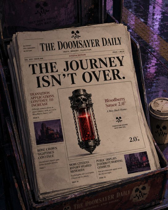 A vintage-style newspaper titled "THE DOOMSAVER DAILY" displaying the headline "THE JOURNEY ISN'T OVER," featuring an image of a skull-shaped vial of "Bloodberry Sauce 2.0."