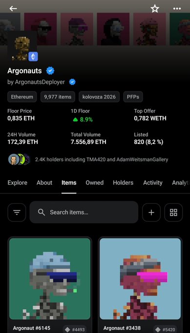 A mobile screenshot of an NFT collection page showing 'Argonauts by ArgonautsDeployer' on Ethereum with stats including floor price of 0.835 ETH and pixel-art character items displayed below.