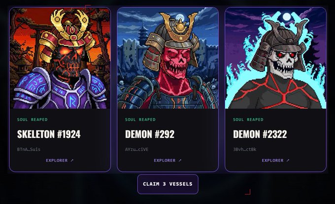 Three NFT card-style images of fantasy warriors labeled 'SOUL REAPED': Skeleton #1924, Demon #292, and Demon #2322, with a 'CLAIM 3 VESSELS' button below.