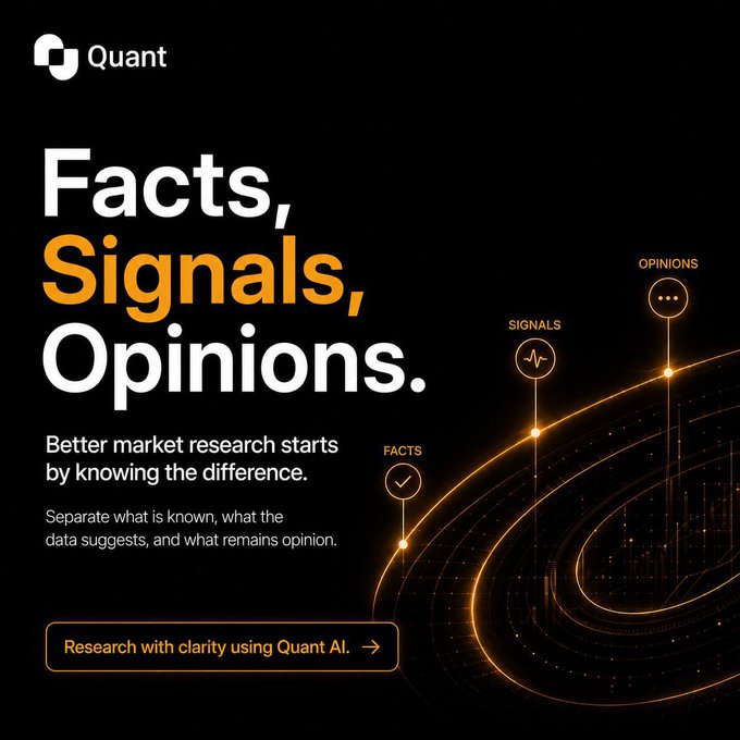 A black promotional graphic for 'Quant' featuring the headline 'Facts, Signals, Opinions.' with the tagline 'Better market research starts by knowing the difference,' alongside orange orbital rings labeled FACTS, SIGNALS, and OPINIONS.